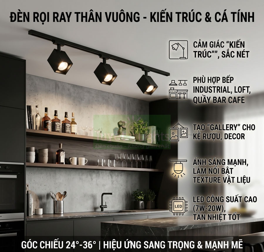 Đèn rọi ray thân vuông chiếu sáng quầy bếp hiện đại, tạo điểm nhấn cho kệ rượu và không gian decor