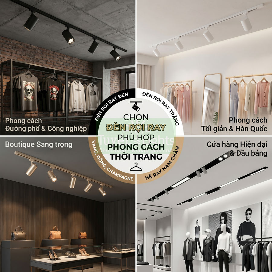 Đèn rọi ray thời trang cho cửa hàng quần áo nhiều phong cách từ công nghiệp, Hàn Quốc đến boutique sang trọng