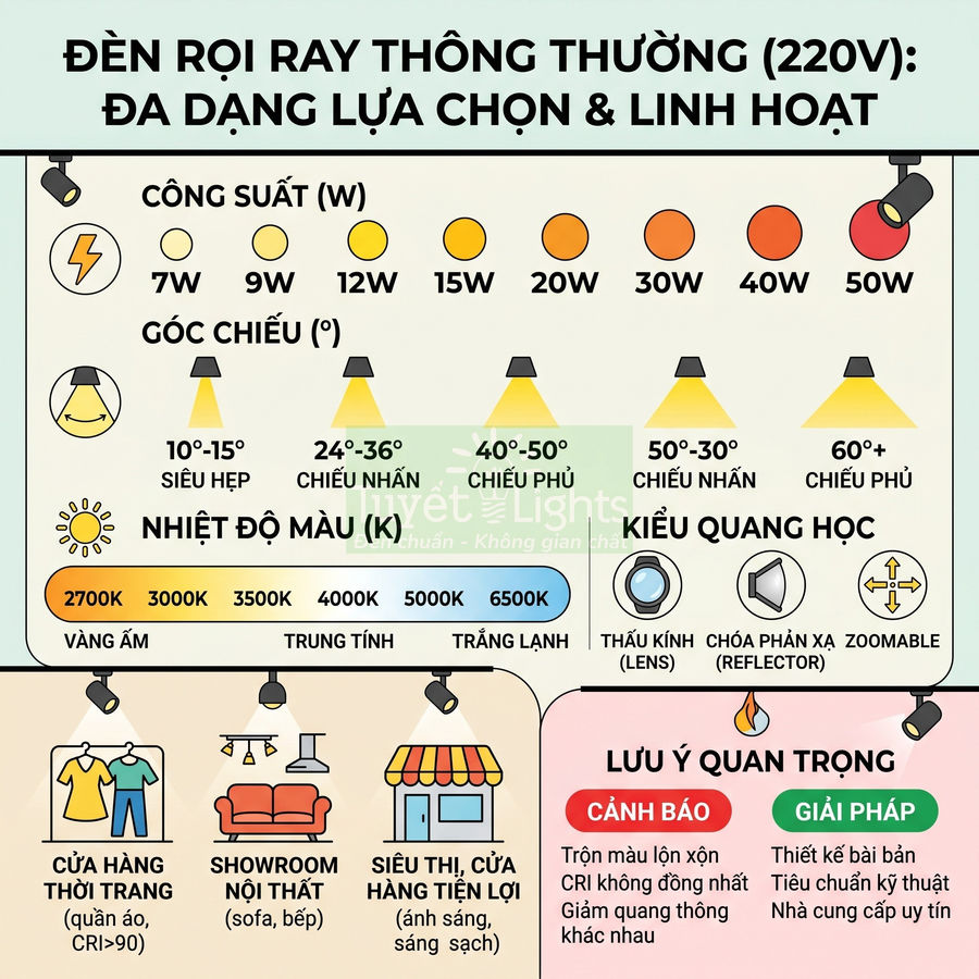 Bảng thông số đèn rọi ray 220V nhiều công suất, góc chiếu, nhiệt độ màu và kiểu quang học cho các không gian chiếu sáng