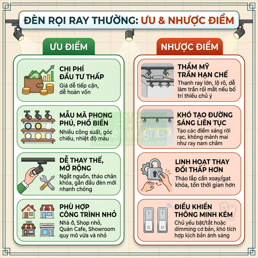 Infographic so sánh ưu nhược điểm đèn rọi ray thường cho nhà ở, quán cafe, shop nhỏ