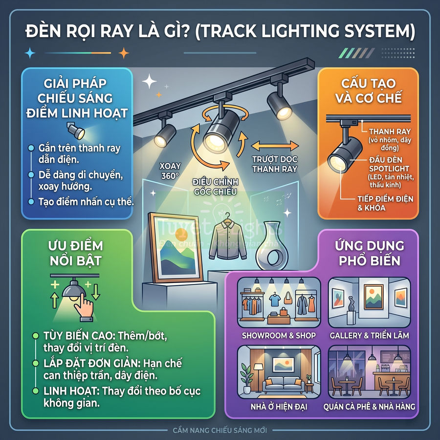 Đèn rọi ray LED chiếu sáng linh hoạt trên thanh ray, tạo điểm nhấn cho tranh, quần áo và không gian trưng bày
