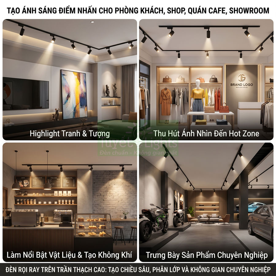Đèn rọi ray trần thạch cao chiếu sáng điểm nhấn cho phòng khách, shop thời trang, quán cafe và showroom hiện đại