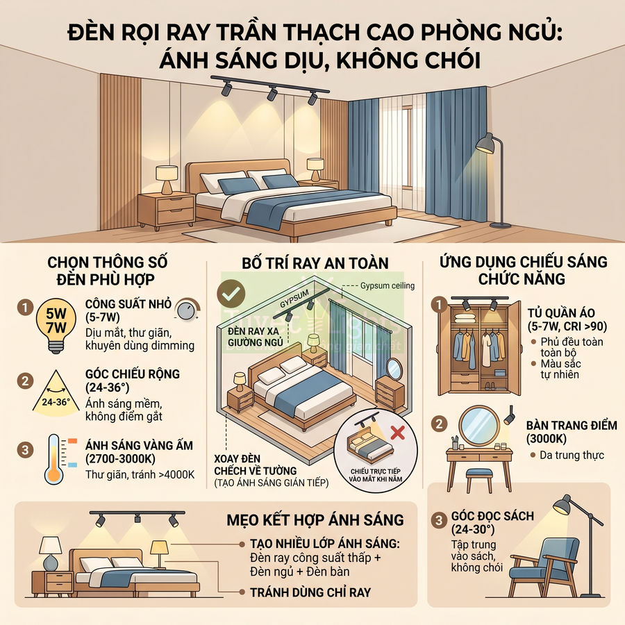 Đèn rọi ray trần thạch cao chiếu sáng phòng ngủ ấm áp, bố trí an toàn và ứng dụng cho tủ áo, bàn trang điểm, góc đọc sách