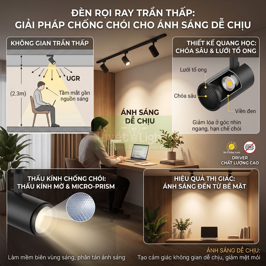 Đèn rọi ray trần thấp chống chói cho bàn làm việc, ánh sáng dễ chịu và phân tán đều