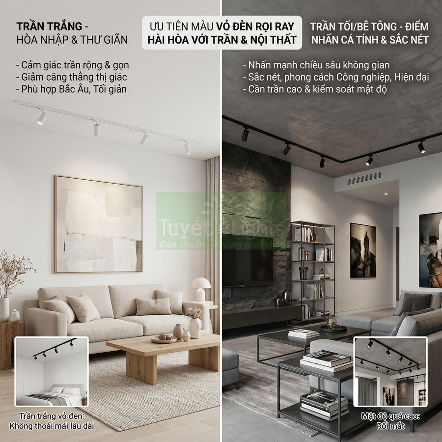 Đèn rọi ray trần trắng và trần bê tông trong phòng khách hiện đại, so sánh hiệu ứng chiếu sáng nội thất