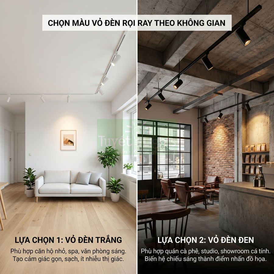 Đèn rọi ray vỏ trắng và vỏ đen lắp trần cho phòng khách và quán cà phê hiện đại