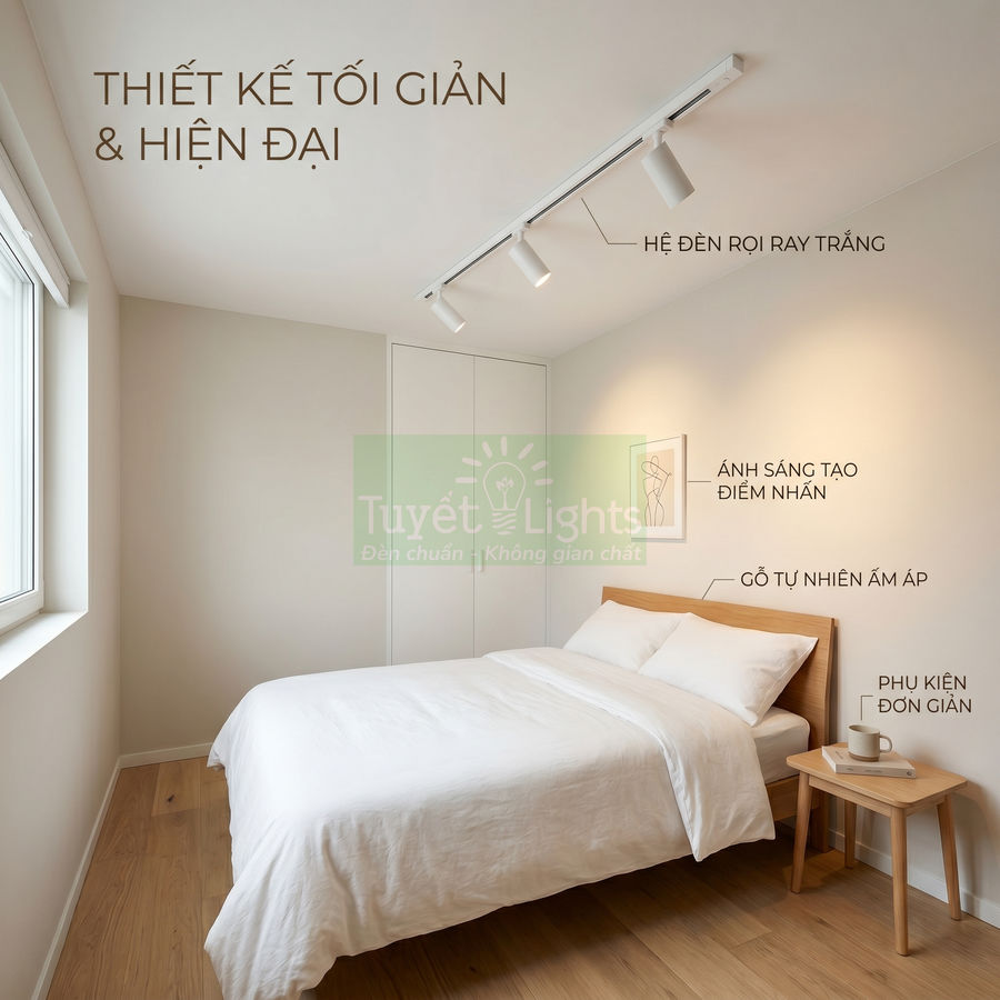 Hệ đèn rọi ray trắng Tuyết Lights chiếu sáng phòng ngủ tối giản với giường gỗ và nội thất màu sáng