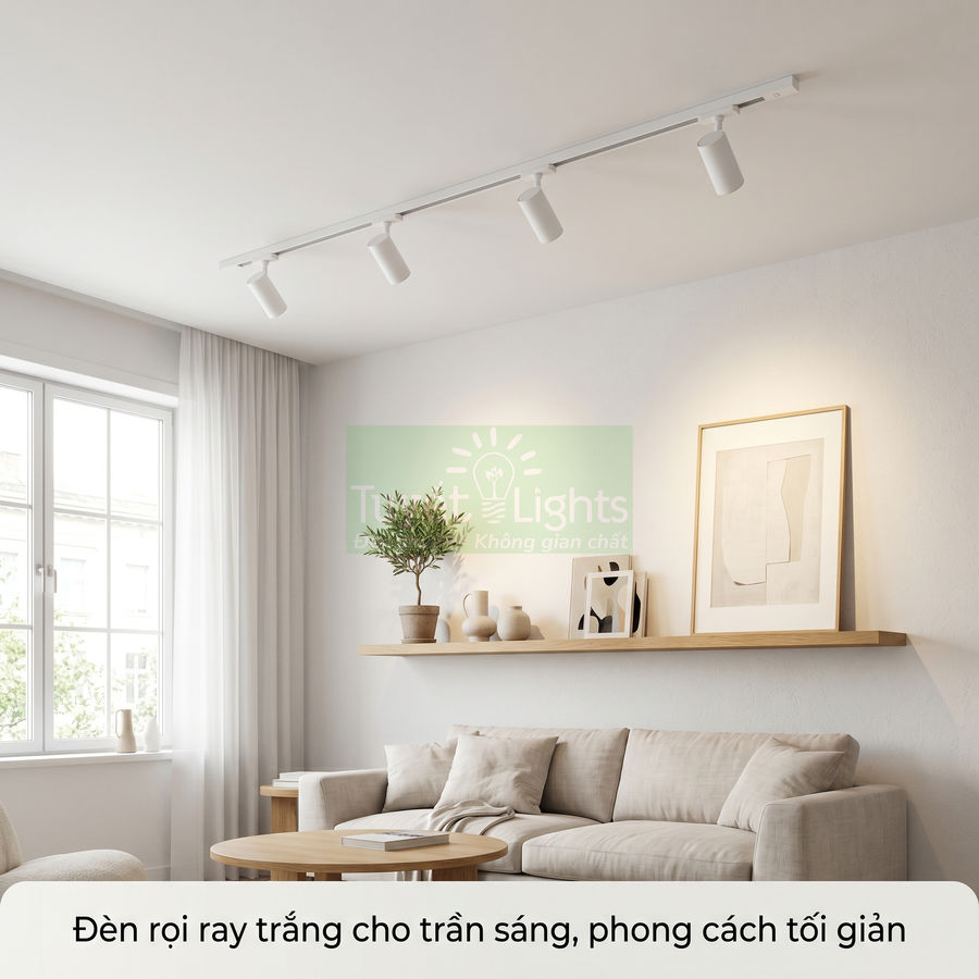 Đèn rọi ray trần màu trắng chiếu sáng phòng khách phong cách tối giản