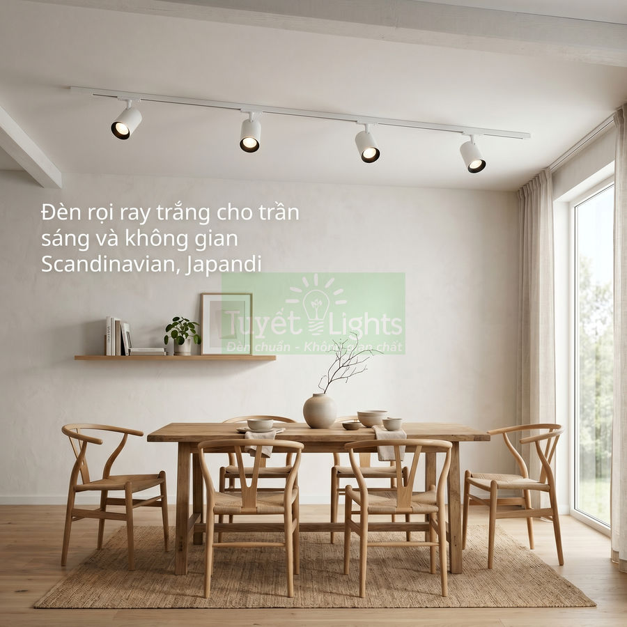 Đèn rọi ray trắng Tuyết Lights chiếu sáng bàn ăn gỗ phong cách Scandinavian Japandi