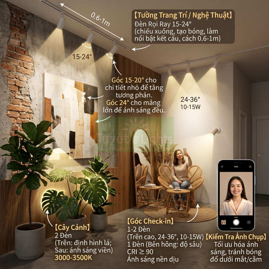 Đèn rọi ray trang trí nội thất chiếu sáng tường tranh, cây cảnh và góc check in phòng khách ấm cúng