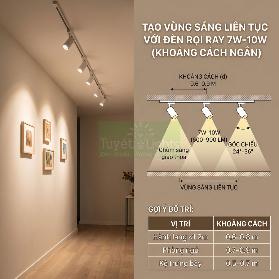 Đèn rọi ray Tuyết Lights 7W 10W chiếu sáng hành lang và gợi ý bố trí khoảng cách lắp đặt