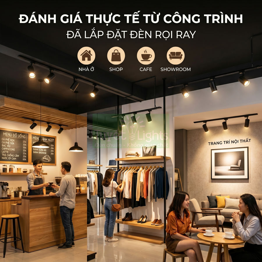 Đèn rọi ray chiếu sáng quán cafe, shop quần áo và phòng khách hiện đại