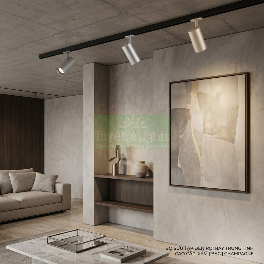 Đèn rọi ray Tuyết Lights màu xám bạc lắp trần chiếu sáng phòng khách hiện đại