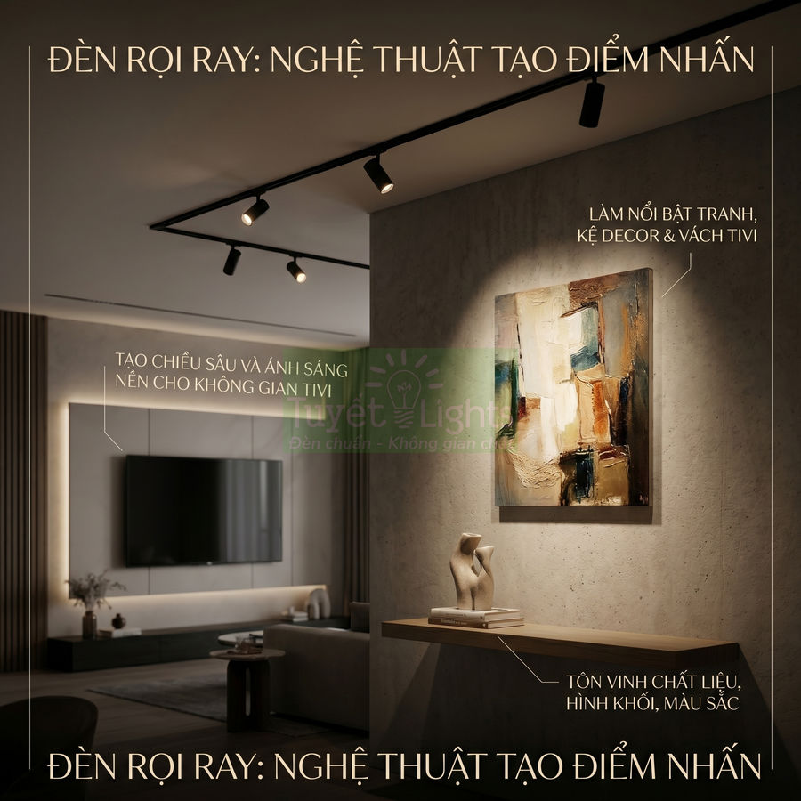 Đèn rọi ray chiếu sáng tranh treo tường và kệ decor trong phòng khách hiện đại