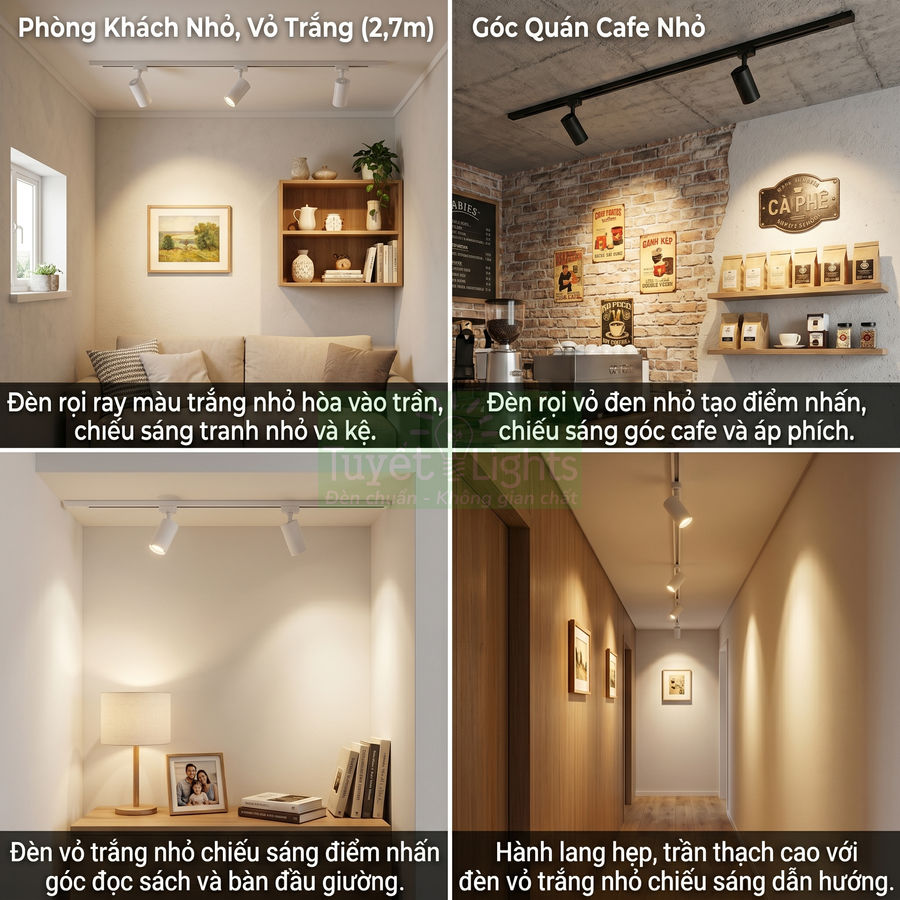 Đèn rọi ray nhỏ màu trắng và đen chiếu sáng phòng khách, quán cafe, hành lang và góc đọc sách hiện đại