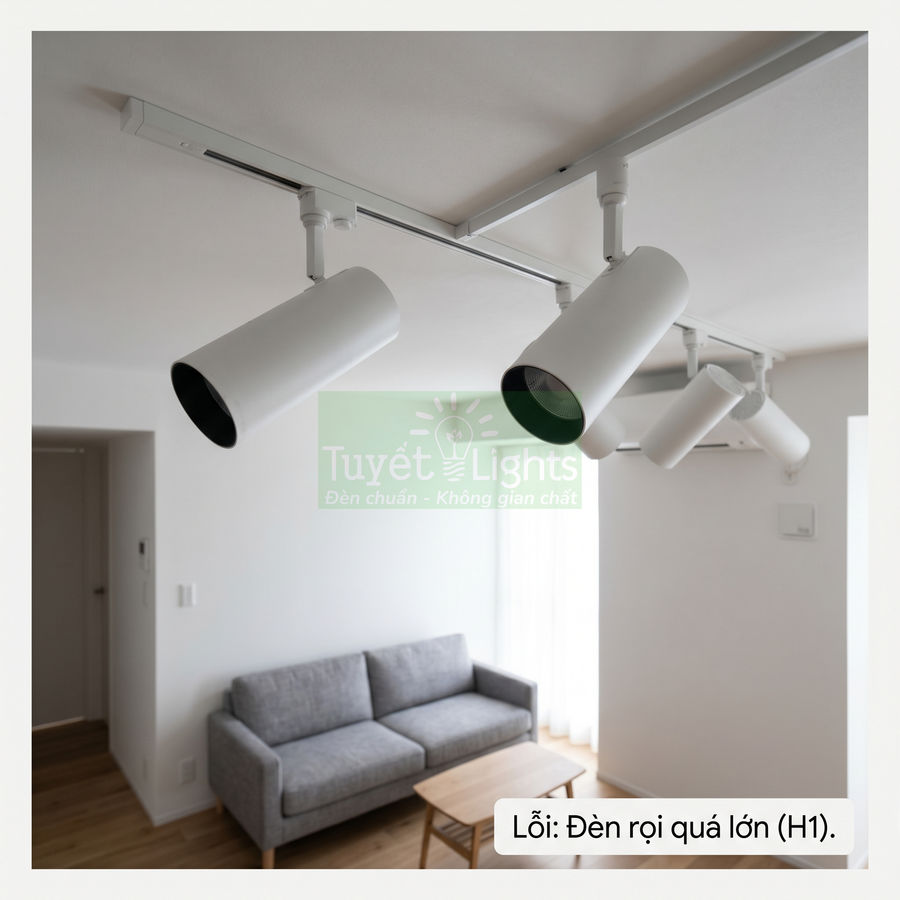 Đèn rọi ray ống tròn cỡ lớn màu trắng lắp trên trần phòng khách nhỏ với sofa xám