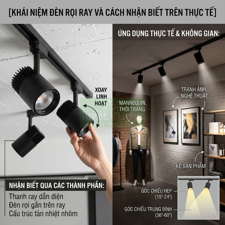 Đèn rọi ray LED màu đen xoay linh hoạt chiếu sáng mannequin thời trang và tranh ảnh trong cửa hàng