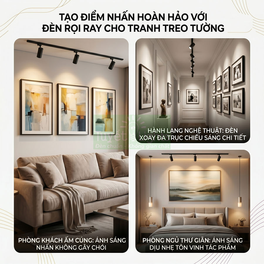 Đèn rọi ray chiếu sáng tranh treo tường trong phòng khách, hành lang và phòng ngủ hiện đại, tạo điểm nhấn cho không gian