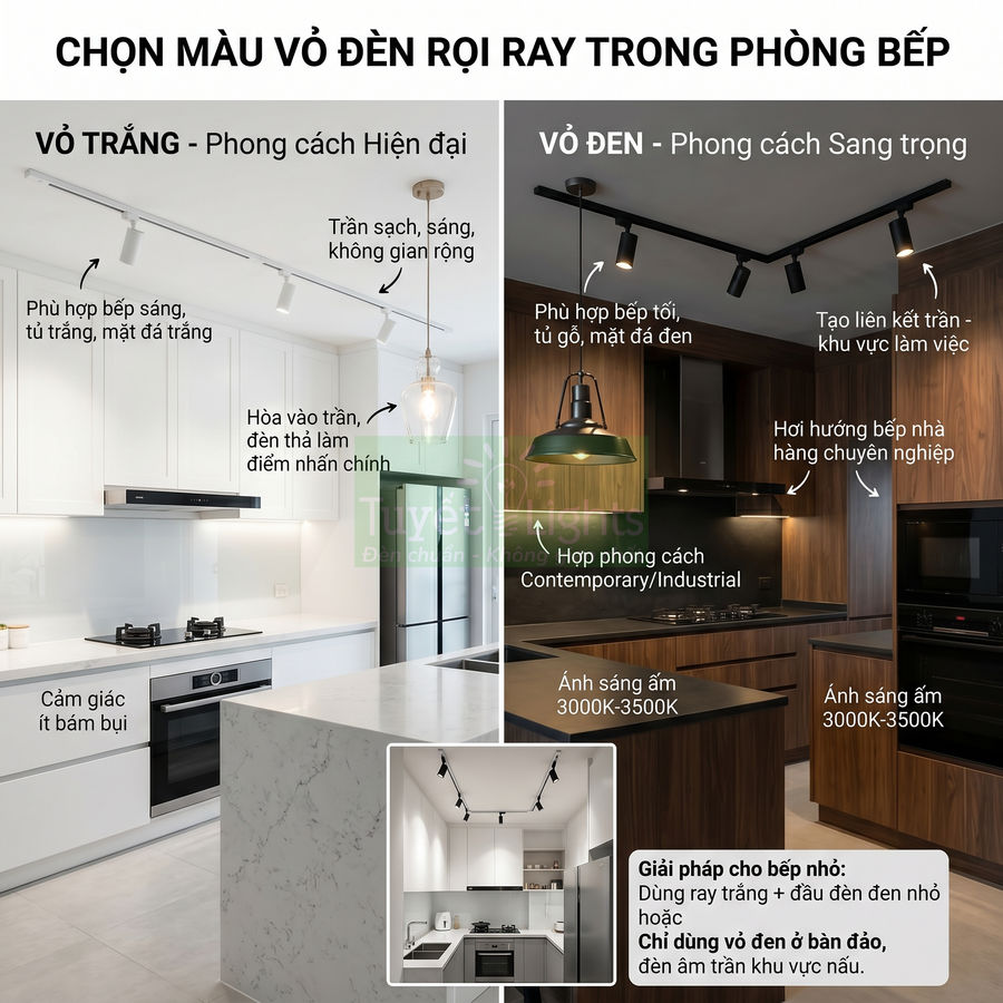 Đèn rọi ray vỏ trắng và vỏ đen lắp trong phòng bếp hiện đại, so sánh phong cách và ánh sáng