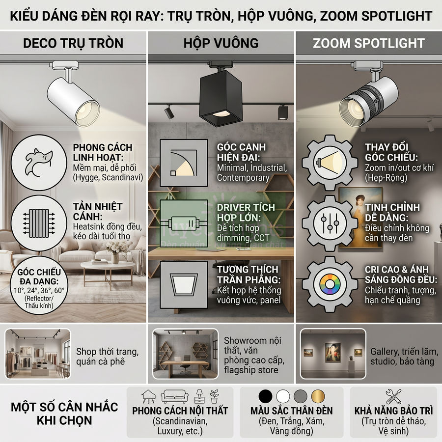 Các kiểu đèn rọi ray trụ tròn, hộp vuông, zoom spotlight cho nội thất shop, showroom, gallery