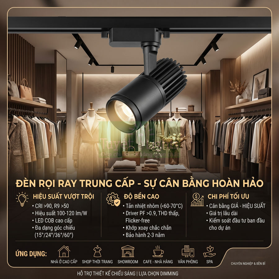 Đèn rọi ray LED trung cấp màu đen chiếu sáng shop thời trang cao cấp với quần áo treo hai bên