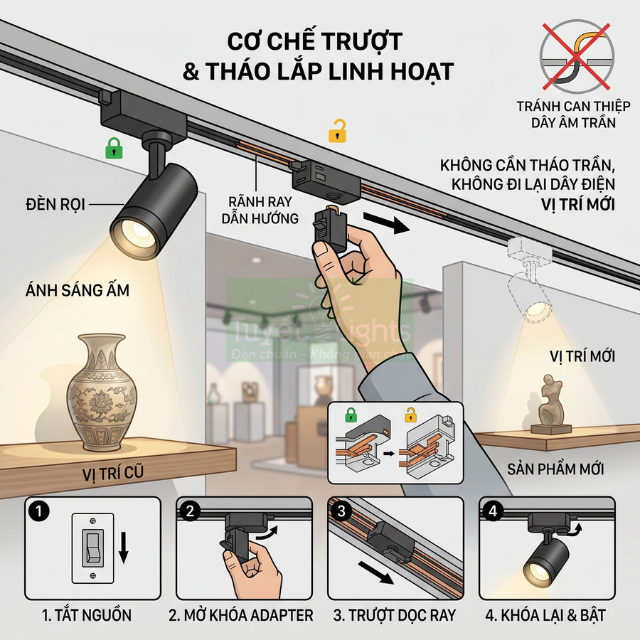 Đèn rọi ray trượt lắp nổi chiếu sáng ấm, dễ dàng thay đổi vị trí trên thanh ray trong không gian trưng bày