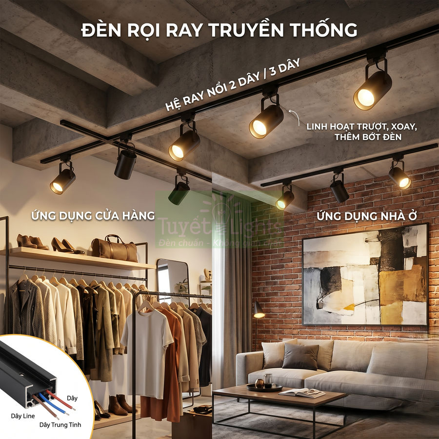 Đèn rọi ray truyền thống chiếu sáng trần bê tông cho cửa hàng quần áo và phòng khách hiện đại