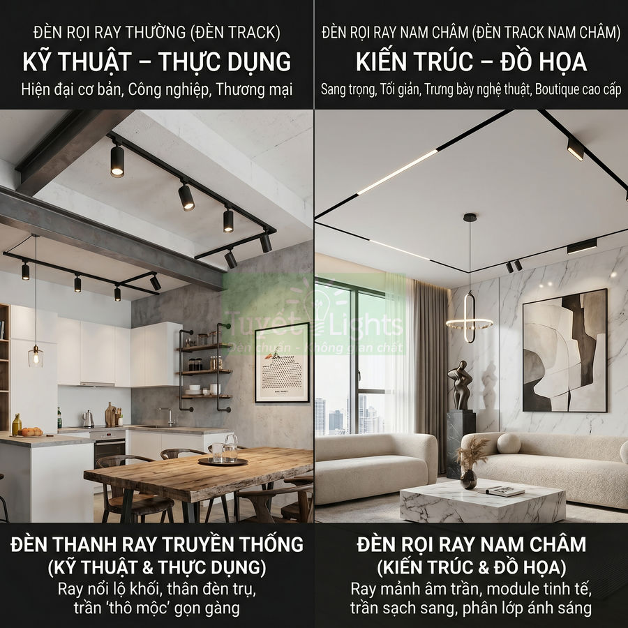 So sánh đèn rọi ray truyền thống và đèn rọi ray nam châm trong không gian bếp và phòng khách hiện đại