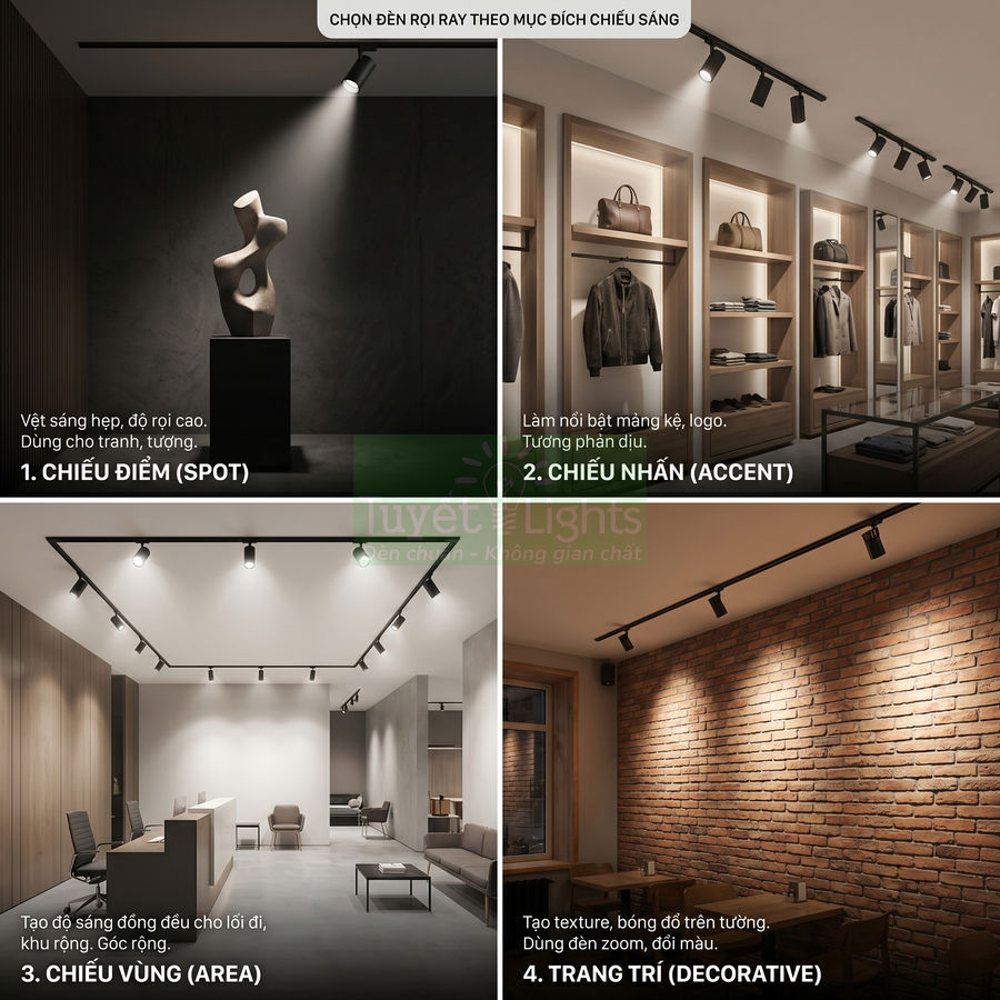 Đèn rọi ray LED chiếu điểm, chiếu nhấn, chiếu vùng và trang trí cho showroom, quán cà phê và tường gạch nội thất