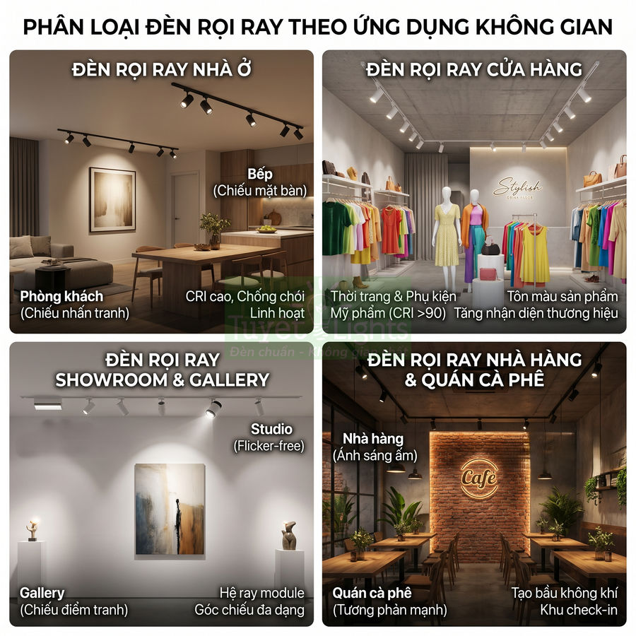 Đèn rọi ray LED chiếu sáng phòng khách, bếp, cửa hàng thời trang, showroom, nhà hàng và quán cà phê