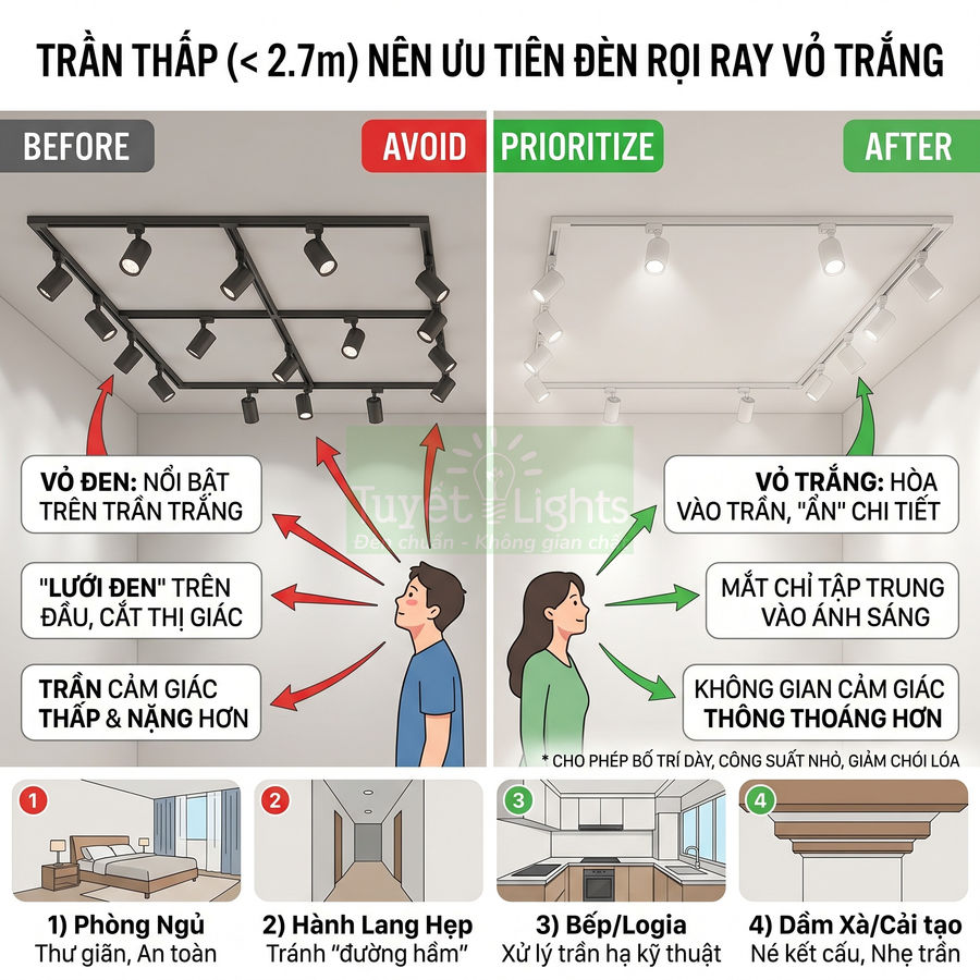 So sánh đèn rọi ray vỏ đen và vỏ trắng cho trần thấp, ưu tiên đèn rọi ray vỏ trắng giúp không gian thoáng hơn