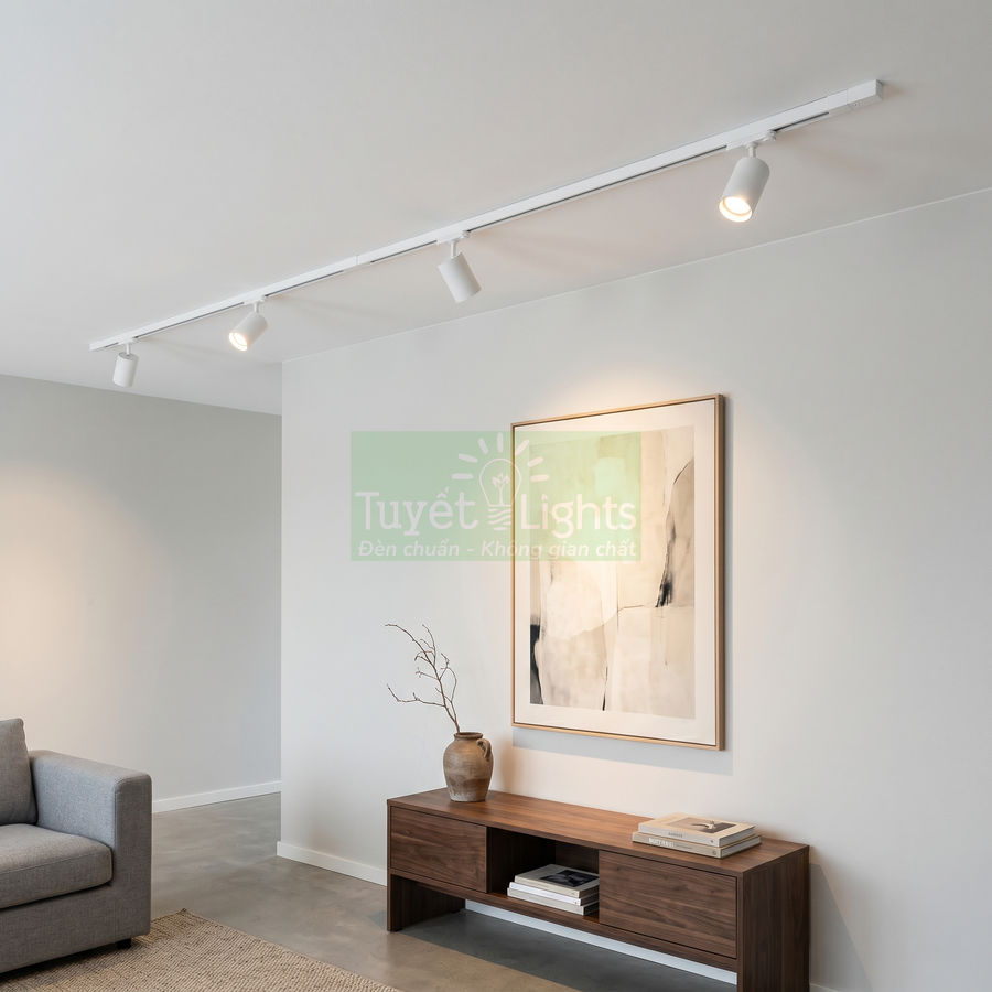 Đèn rọi ray trắng Tuyết Lights chiếu sáng tranh treo tường trong phòng khách hiện đại