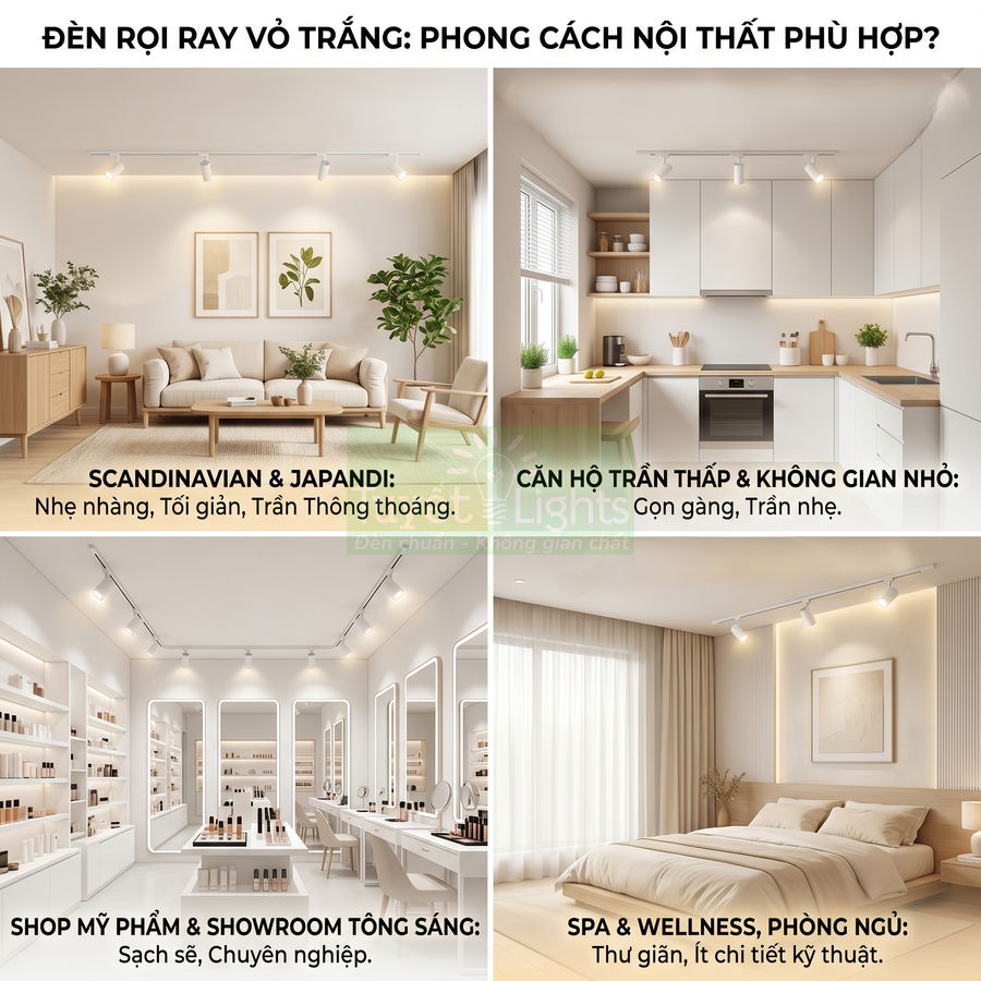 Đèn rọi ray vỏ trắng lắp trần chiếu sáng phòng khách, bếp, showroom mỹ phẩm và phòng ngủ hiện đại