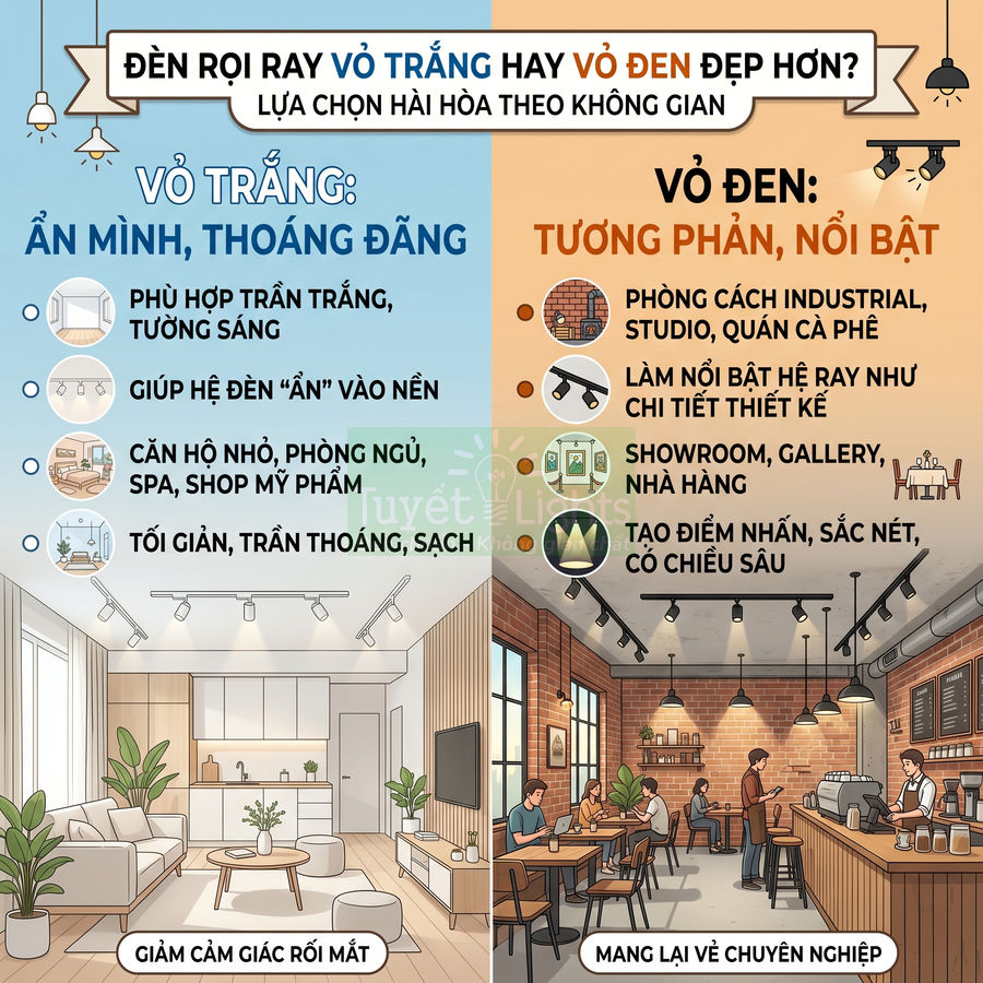 Đèn rọi ray vỏ trắng hay vỏ đen đẹp hơn?
