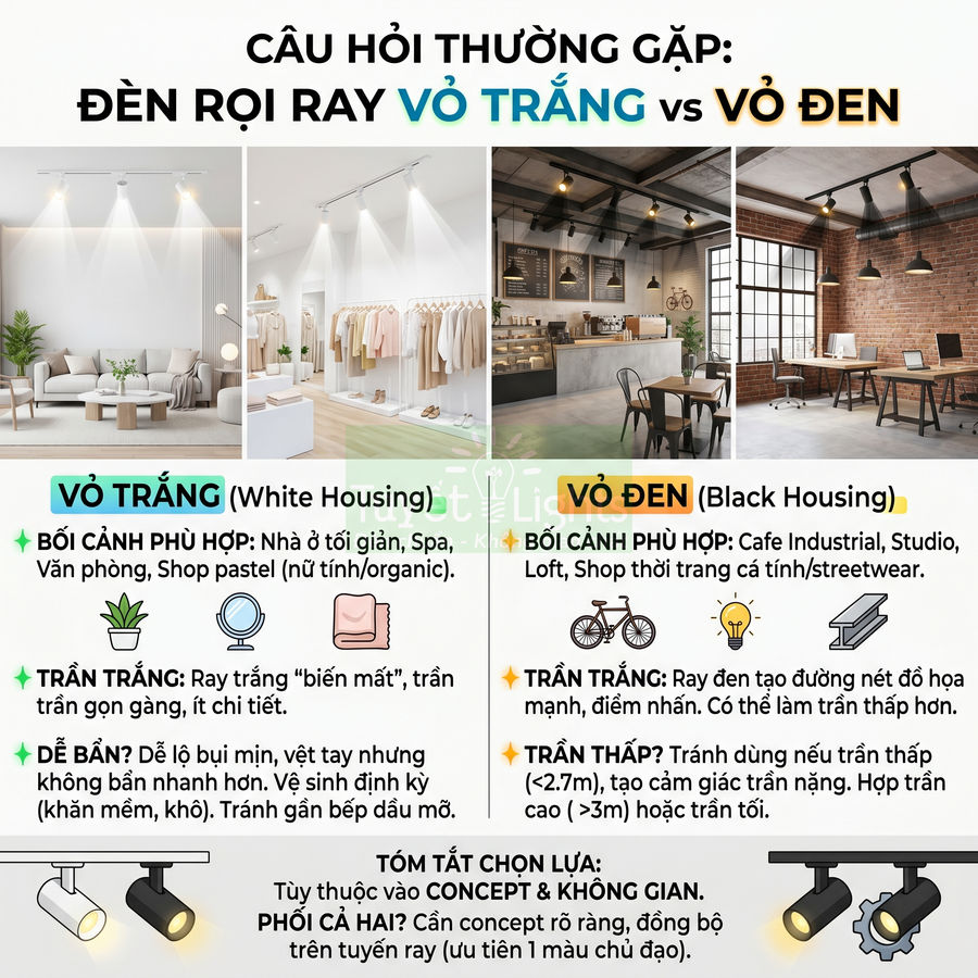 So sánh đèn rọi ray vỏ trắng và vỏ đen, gợi ý chọn màu đèn phù hợp từng không gian nội thất