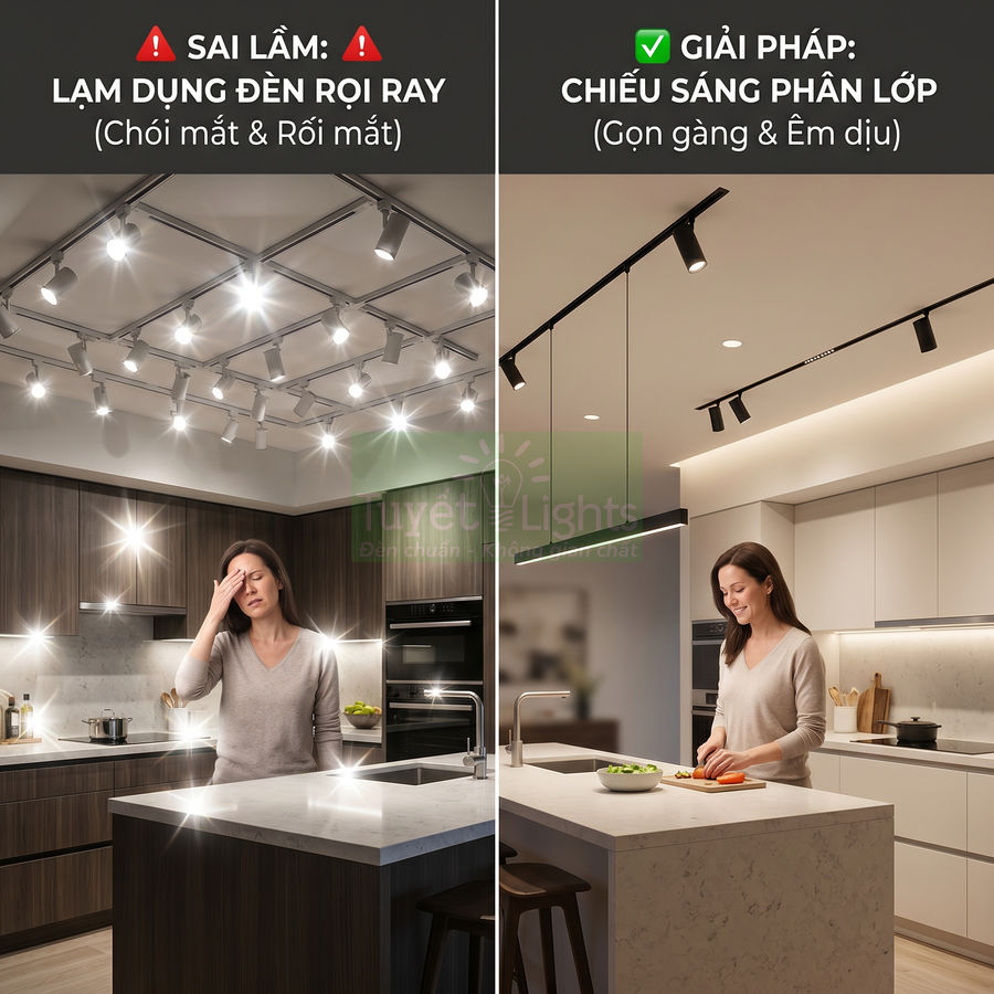 So sánh bếp dùng đèn rọi ray chói mắt và bếp dùng hệ chiếu sáng phân lớp dịu nhẹ, gọn gàng