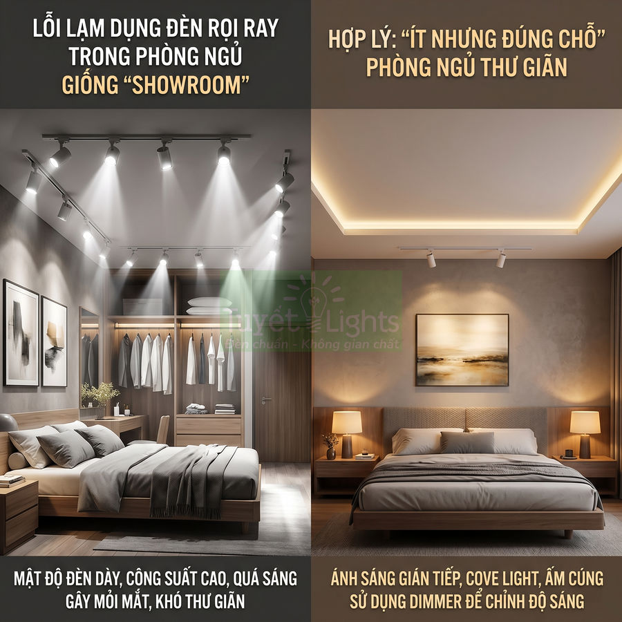 So sánh phòng ngủ dùng đèn rọi ray dày đặc và phòng ngủ dùng đèn hắt trần, đèn ngủ ánh sáng ấm thư giãn