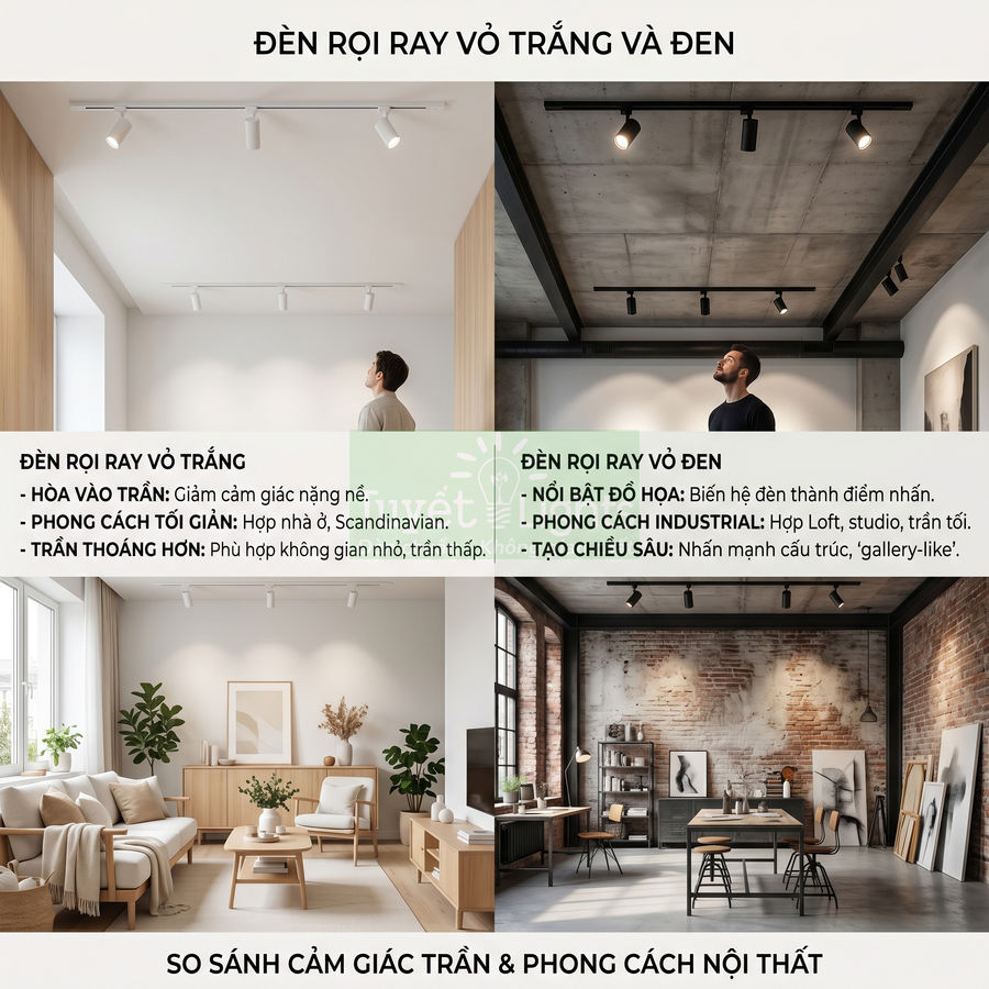 So sánh đèn rọi ray vỏ trắng và đen trong phòng khách phong cách Scandinavian và industrial