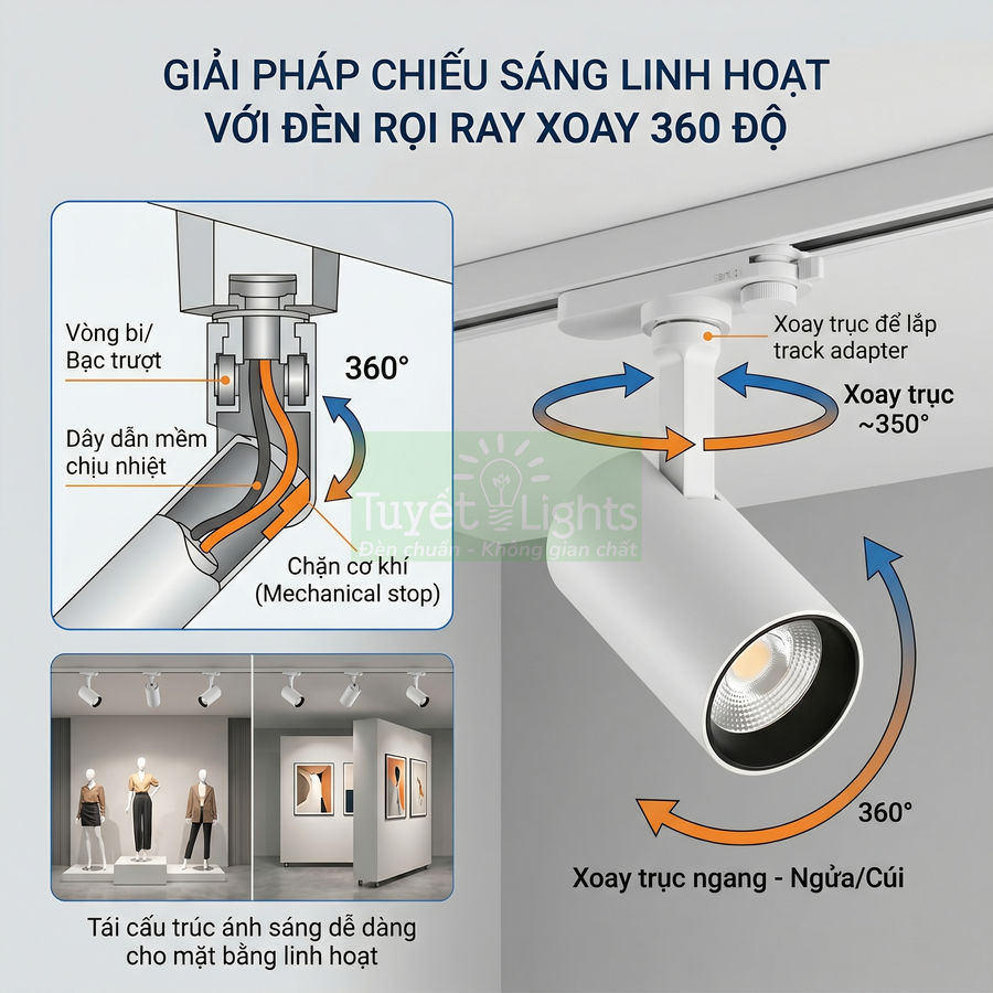 Đèn rọi ray LED xoay 360 độ Tuyết Lights chiếu sáng linh hoạt cho không gian trưng bày