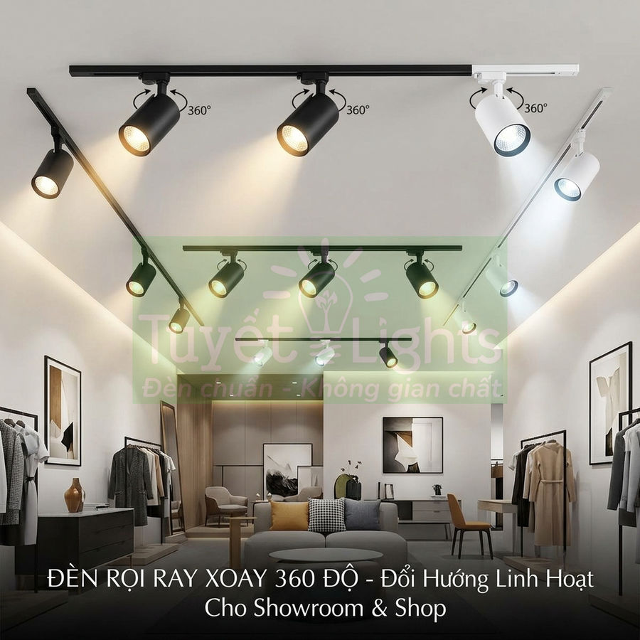 Đèn rọi ray xoay 360 độ màu đen trắng chiếu sáng showroom thời trang hiện đại