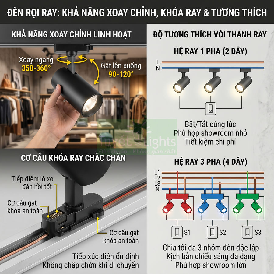 Đèn rọi ray màu đen xoay chỉnh linh hoạt, khóa ray chắc chắn, tương thích hệ ray 1 pha và 3 pha cho showroom