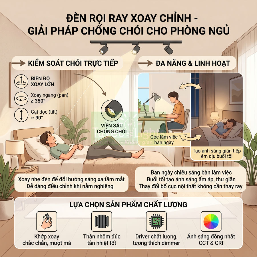 Đèn rọi ray xoay chỉnh chống chói cho phòng ngủ, tạo ánh sáng linh hoạt cho làm việc và thư giãn