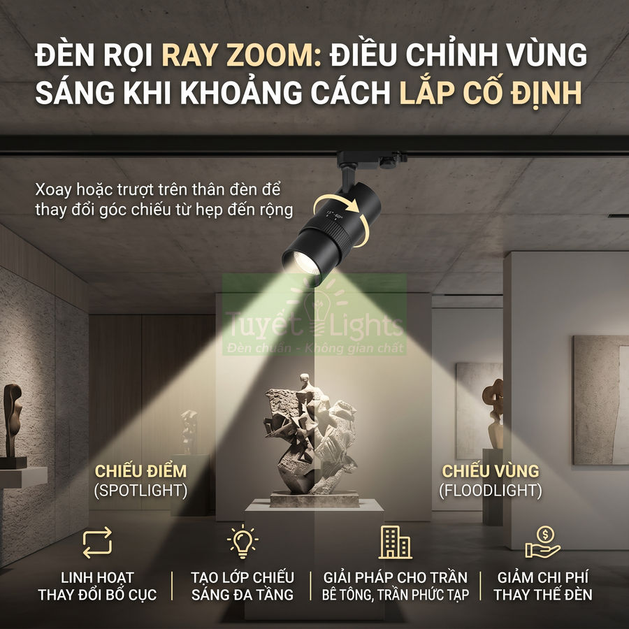 Đèn rọi ray zoom Tuyết Lights chiếu tranh tượng trong phòng trưng bày, điều chỉnh góc chiếu hẹp hoặc rộng