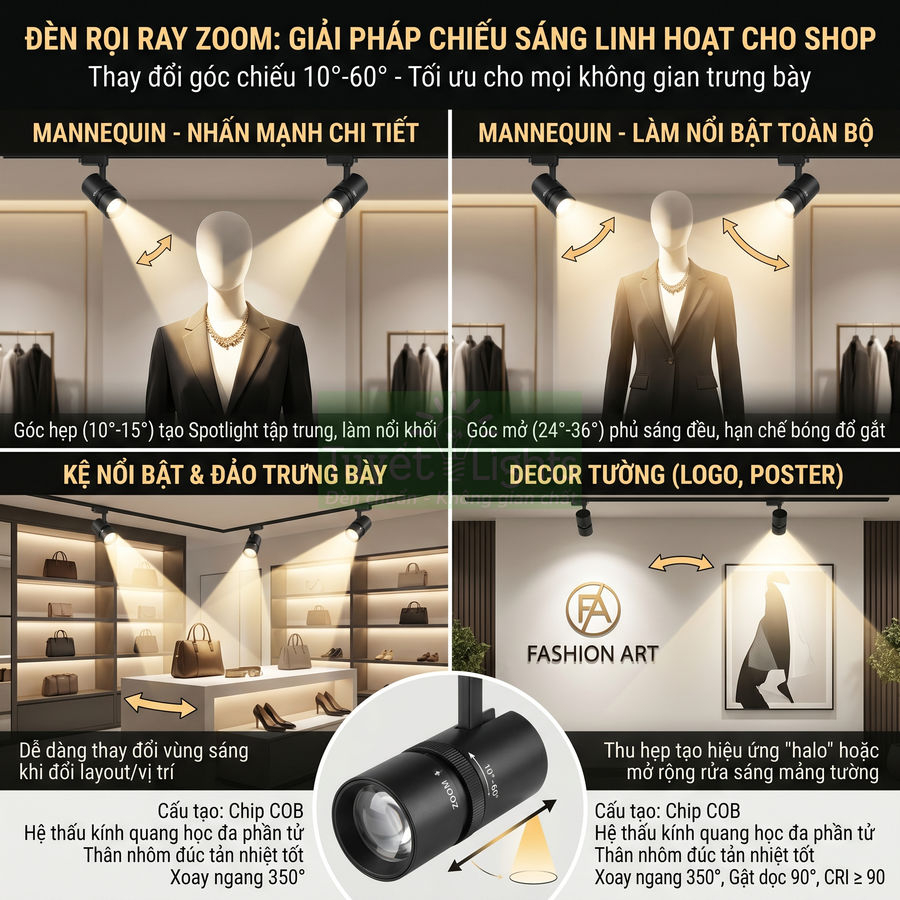 Đèn rọi ray zoom COB chiếu sáng mannequin, kệ trưng bày và decor tường trong shop thời trang