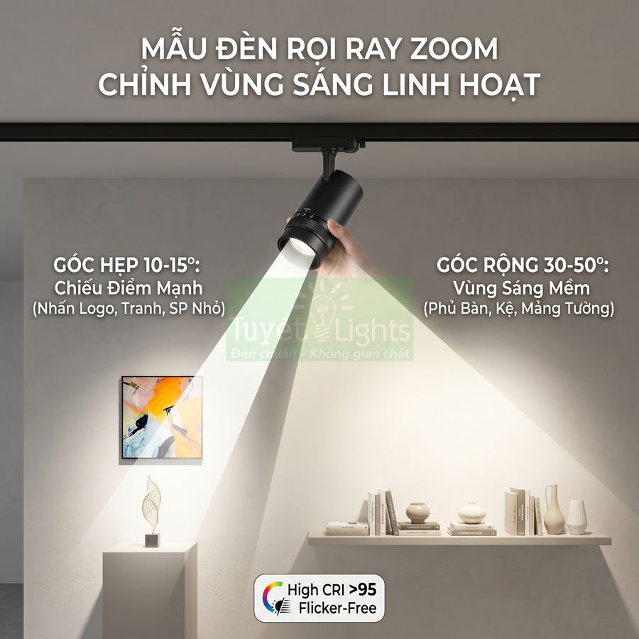 Đèn rọi ray zoom Tuyết Lights điều chỉnh góc chiếu hẹp và rộng chiếu sáng tranh và kệ trang trí