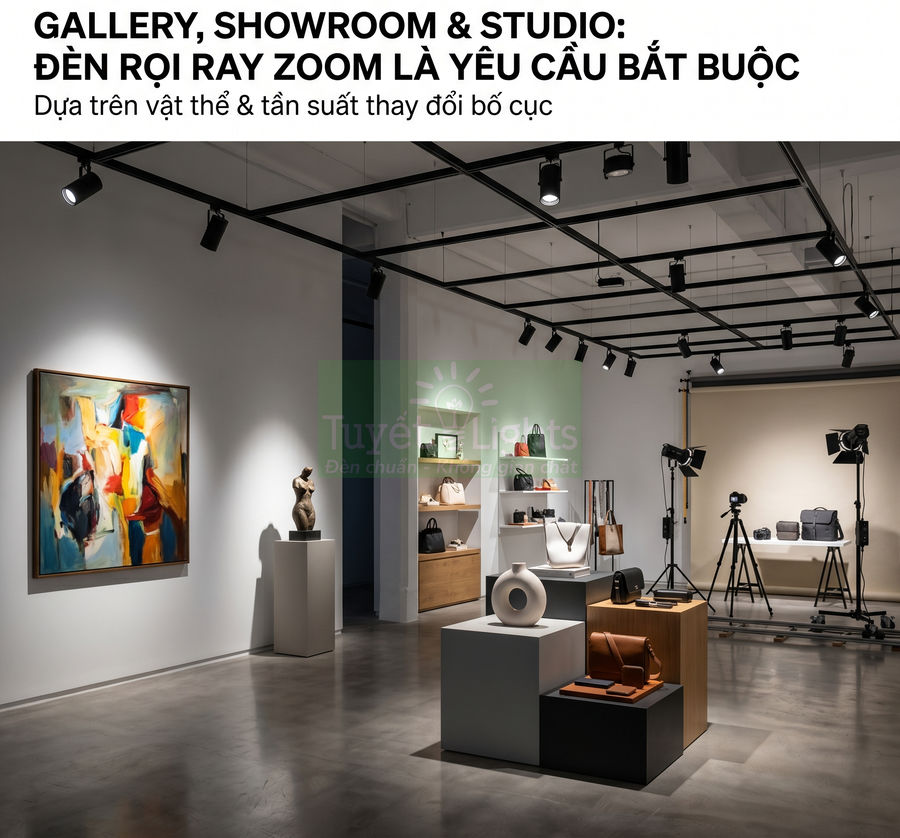 Đèn rọi ray zoom chiếu sáng gallery và showroom trưng bày túi xách, phụ kiện và tác phẩm nghệ thuật