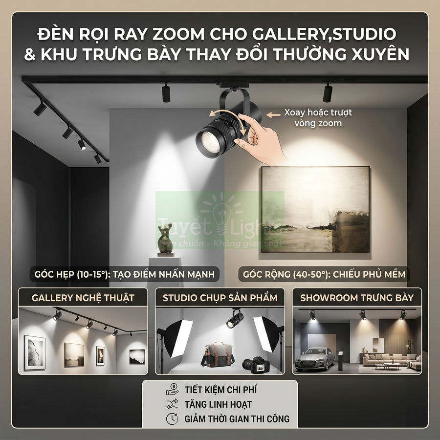 Đèn rọi ray zoom Tuyết Lights chiếu tranh và sản phẩm trong gallery, studio, showroom trưng bày