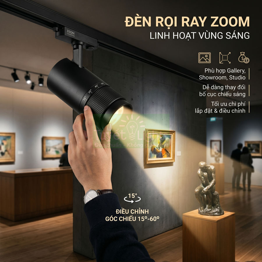 Đèn rọi ray zoom màu đen được điều chỉnh góc chiếu để chiếu sáng tác phẩm nghệ thuật trong gallery