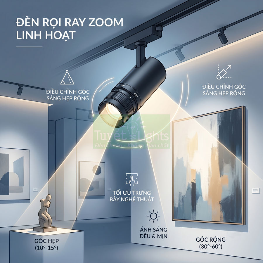 Đèn rọi ray zoom Tuyết Lights chiếu tranh và tượng trong phòng trưng bày, điều chỉnh góc sáng linh hoạt