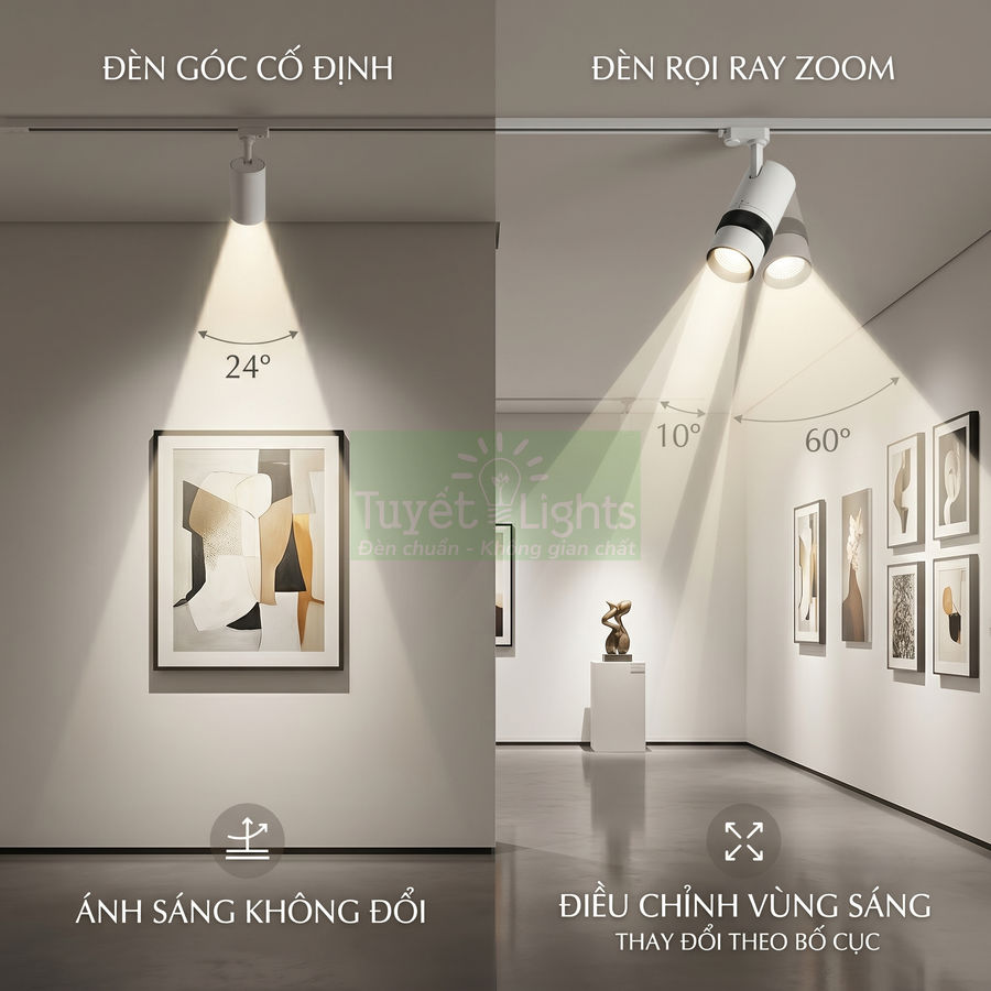 So sánh đèn rọi ray cố định và đèn rọi ray zoom Tuyết Lights chiếu tranh trong không gian trưng bày